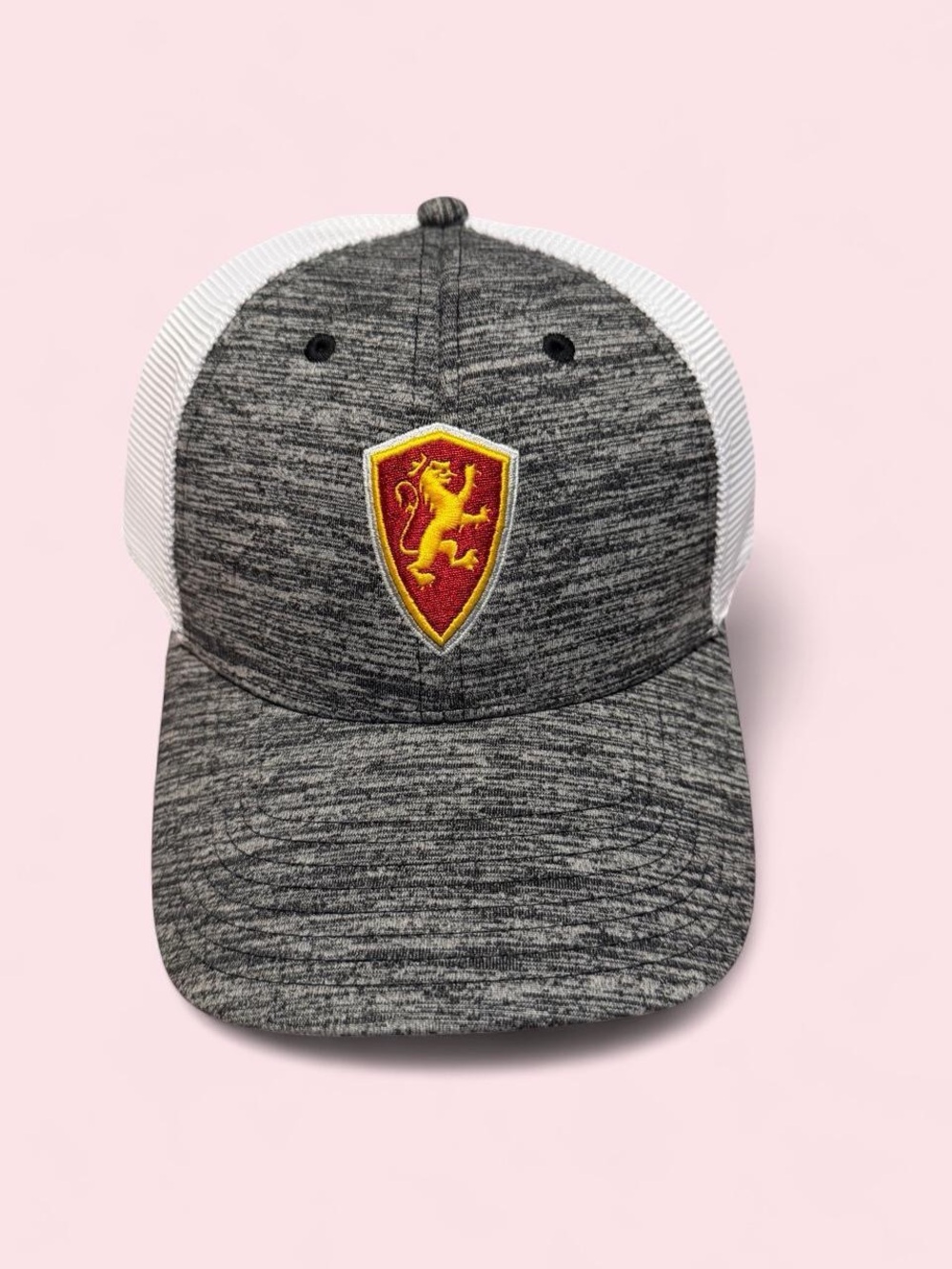 The Game Flagler College Grey Heather & White Mesh Lion Shield Trucker Hat